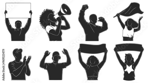 Set of silhouette of protest men and women, silhouette of people with various poses, Generative AI