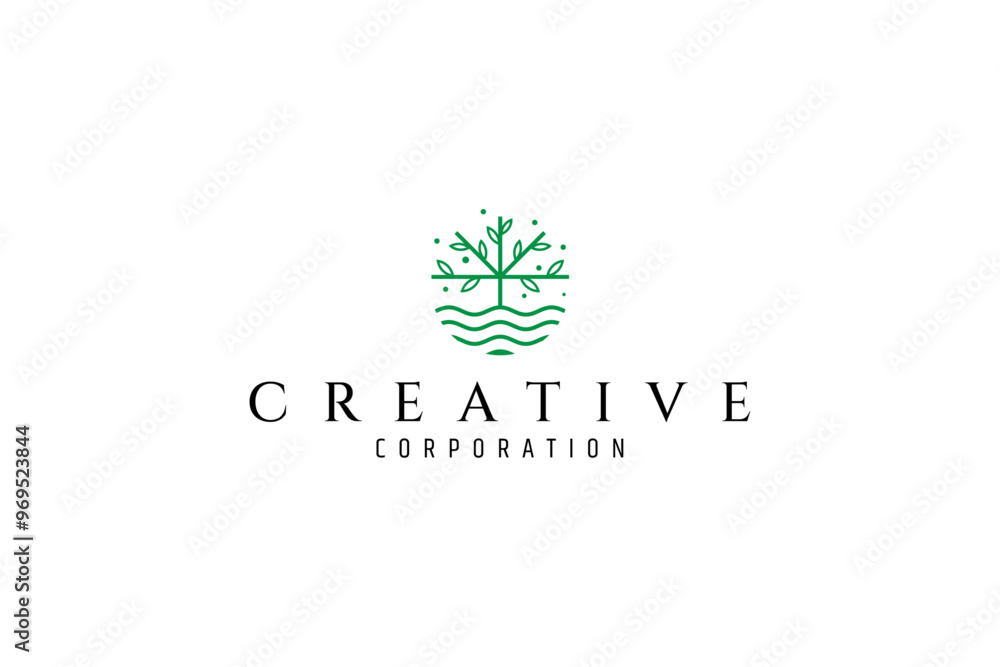 tree logo with water waves in flat vector design tree logo with water waves in flat vector design