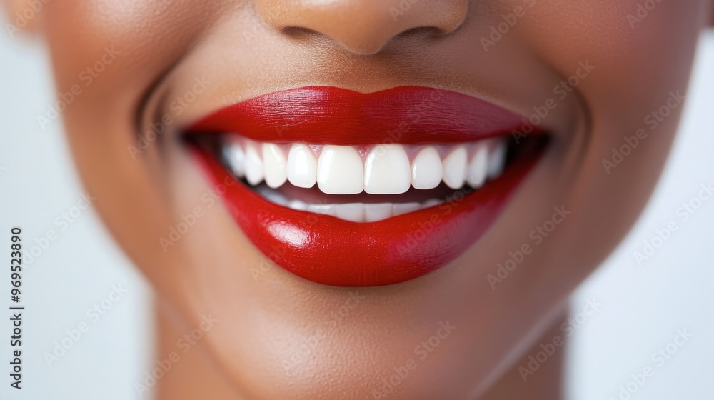 A person with red lipstick smiling, showcasing bold, vibrant lip color and perfect teeth. A person with red lipstick smiling, showcasing bold, vibrant lip color and perfect teeth.