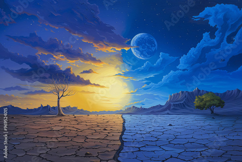 Celestial Divide: Day and Night Collide in a Surreal Desert Dreamscape 