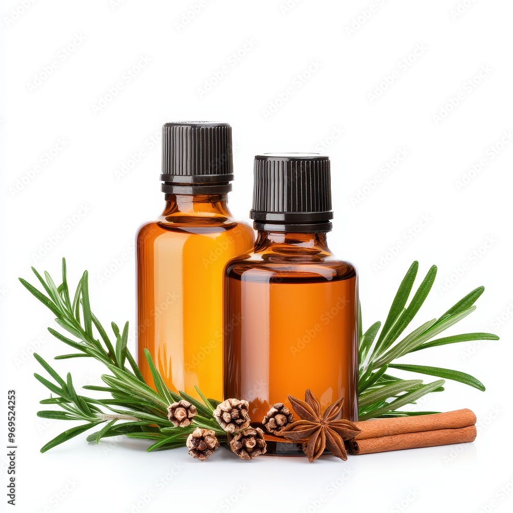 Brown glass bottles with natural herbs and spices, ideal for essential oils, aromatherapy, or wellness products. Brown glass bottles with natural herbs and spices, ideal for essential oils, aromatherapy, or wellness products.
