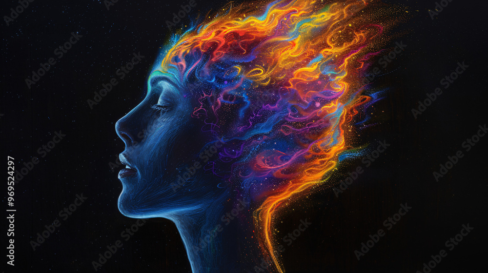 Burning Bright: A woman's profile is engulfed in a vibrant, abstract inferno of blue, orange, and purple flames. This fiery digital artwork symbolizes passion, energy, and the power of the human spir Burning Bright: A woman's profile is engulfed in a vibrant, abstract inferno of blue, orange, and purple flames. This fiery digital artwork symbolizes passion, energy, and the power of the human spir