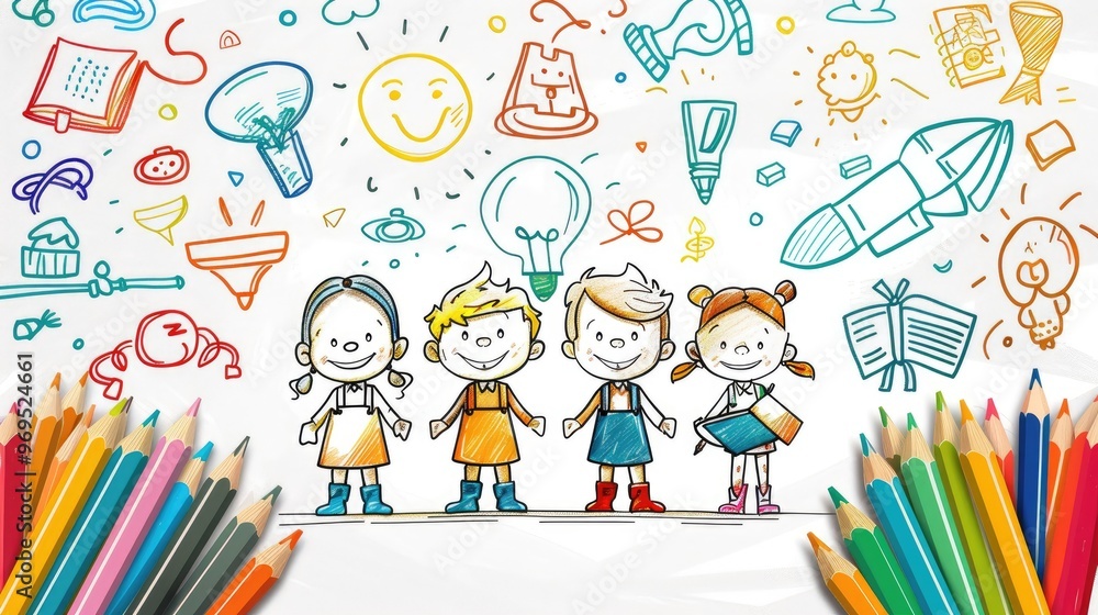 Colorful illustration of four cheerful children surrounded by creative doodles, ideal for education and inspiration themes. Colorful illustration of four cheerful children surrounded by creative doodles, ideal for education and inspiration themes.