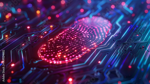 Digital Fingerprint: A futuristic and abstract illustration of a fingerprint, glowing with vibrant red and blue lights, embedded on a circuit board. This image evokes themes of digital identity, secur photo