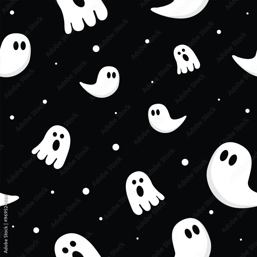 Cute Ghost seamless pattern with ghosts on black background. Repeating print for fabric, wrapping paper, textile. Vector illustration Cute Ghost seamless pattern with ghosts on black background. Repeating print for fabric, wrapping paper, textile. Vector illustration