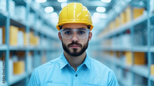 Professional worker in safety gear stands confidently in a warehouse, showcasing dedication and attention to safety standards.