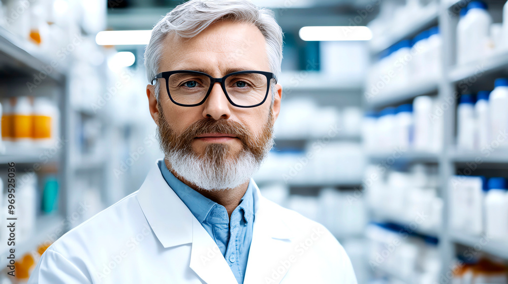 Confident pharmacist in a lab coat standing in a modern pharmacy with shelves of medication, showcasing professionalism and expertise. Confident pharmacist in a lab coat standing in a modern pharmacy with shelves of medication, showcasing professionalism and expertise.