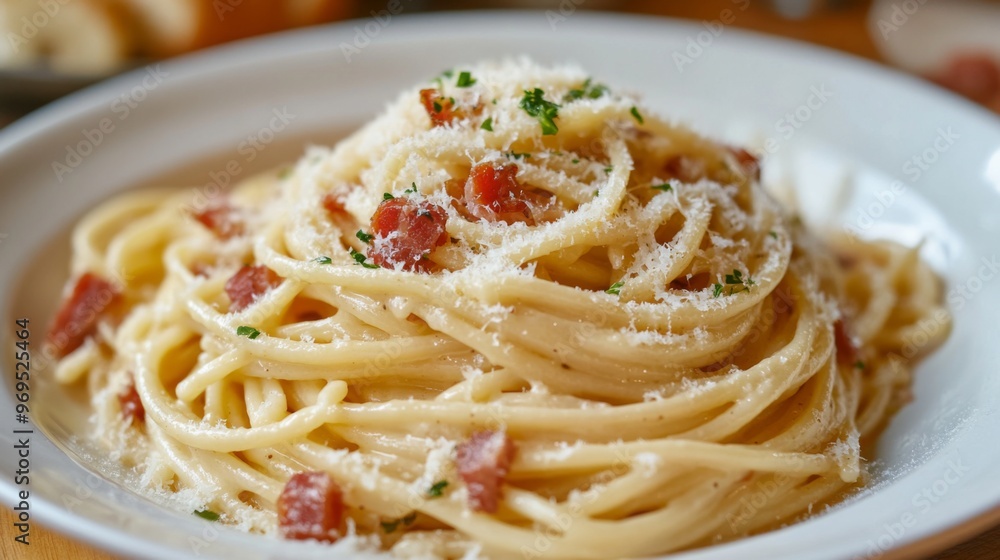 Detailed shot of a plate of spaghetti carbonara, with creamy sauce, crispy pancetta, and grated Parmesan, emphasizing the rich textures and appetizing presentation.