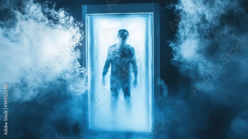 During a cryotherapy session, an individual stands in a chamber filled with vapor, absorbing the cold treatment for recovery and rejuvenation in a tranquil wellness center