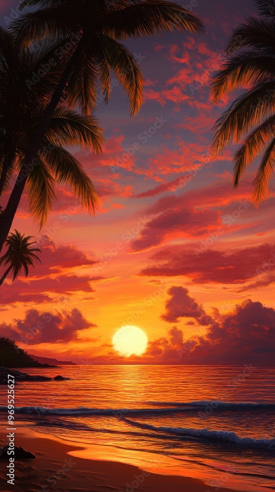 A serene tropical sunset view showcasing vibrant colors, palm trees, and calm ocean waves, perfect for relaxation and inspiration. A serene tropical sunset view showcasing vibrant colors, palm trees, and calm ocean waves, perfect for relaxation and inspiration.