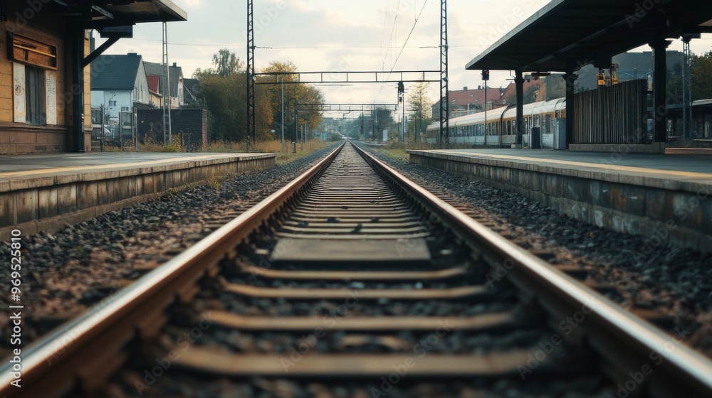 Detailed shot of a railway platform with tracks in view, showing the interaction between the platform and the rails, and the surrounding environment. Detailed shot of a railway platform with tracks in view, showing the interaction between the platform and the rails, and the surrounding environment.