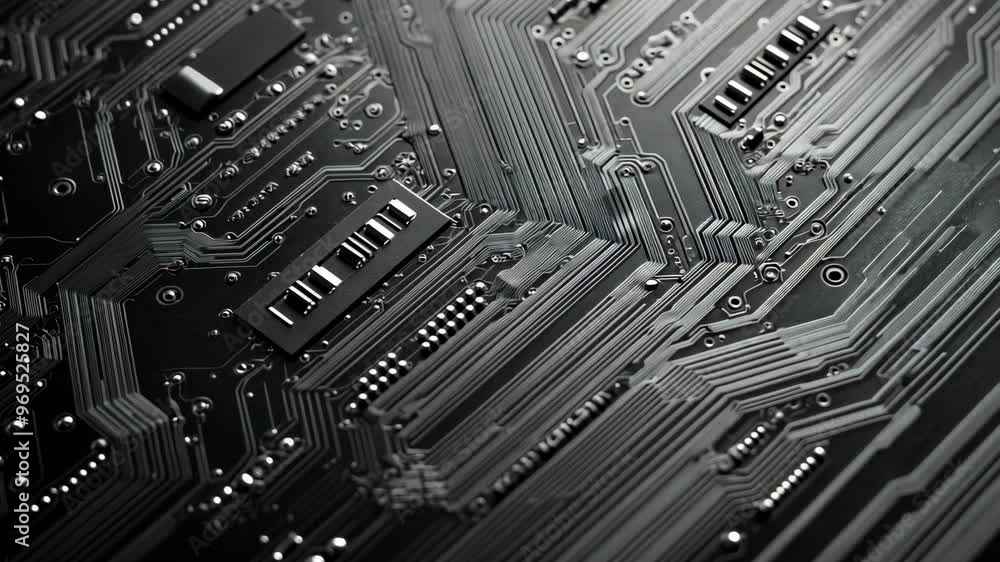 Exploring intricate designs of a printed circuit board with close-up shots of connections and components Exploring intricate designs of a printed circuit board with close-up shots of connections and components
