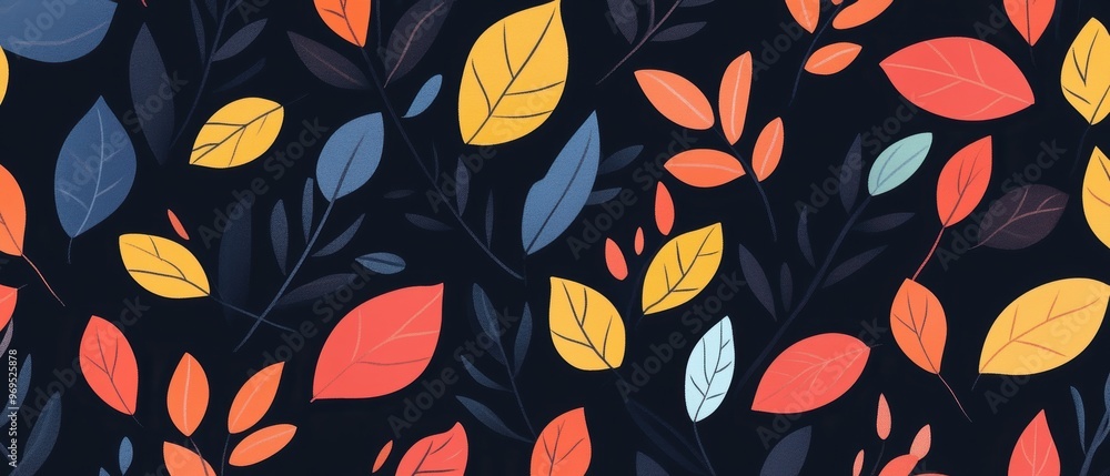 A vibrant pattern of colorful leaves on a dark background, perfect for autumn-themed designs and nature-inspired projects. A vibrant pattern of colorful leaves on a dark background, perfect for autumn-themed designs and nature-inspired projects.