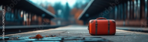 A vibrant orange suitcase rests on a deserted train platform, suggesting adventure and travel in a serene, autumnal setting.