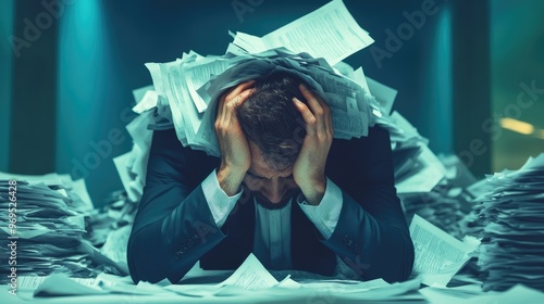 A businessman holding his head in despair, buried under a pile of papers, symbolizing stress and pressure from work. photo