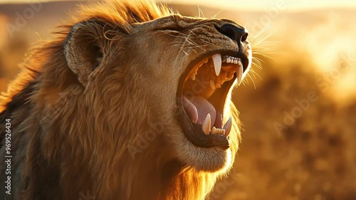 Majestic lion roaring in golden sunlight during a serene African sunset photo