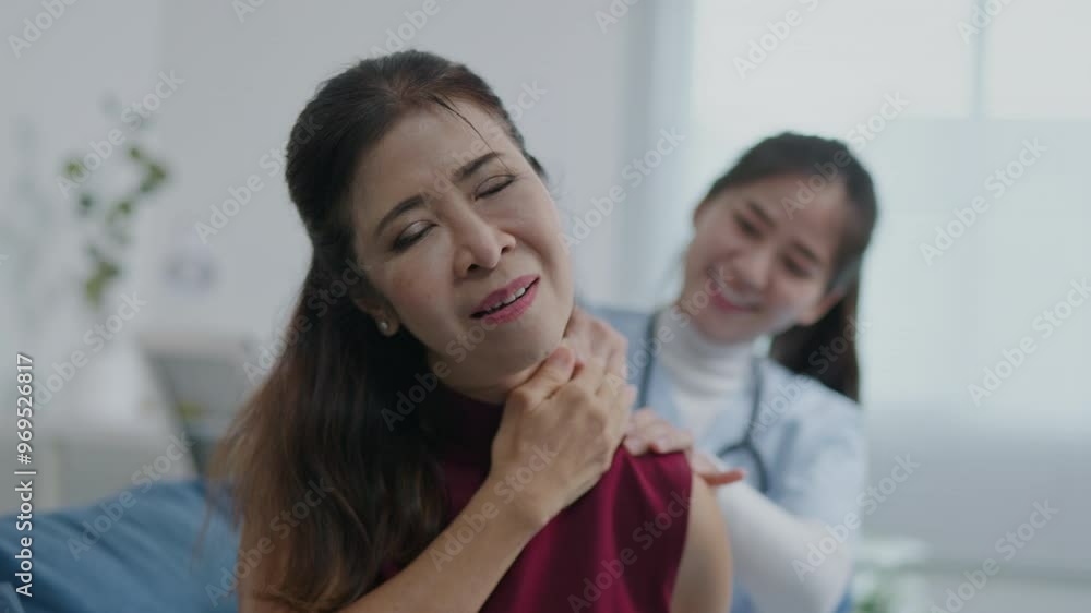 Doctor talking to old woman patient had shoulder and neck pain about treatment and surgery in hospital. Doctor talking to old woman patient had shoulder and neck pain about treatment and surgery in hospital.