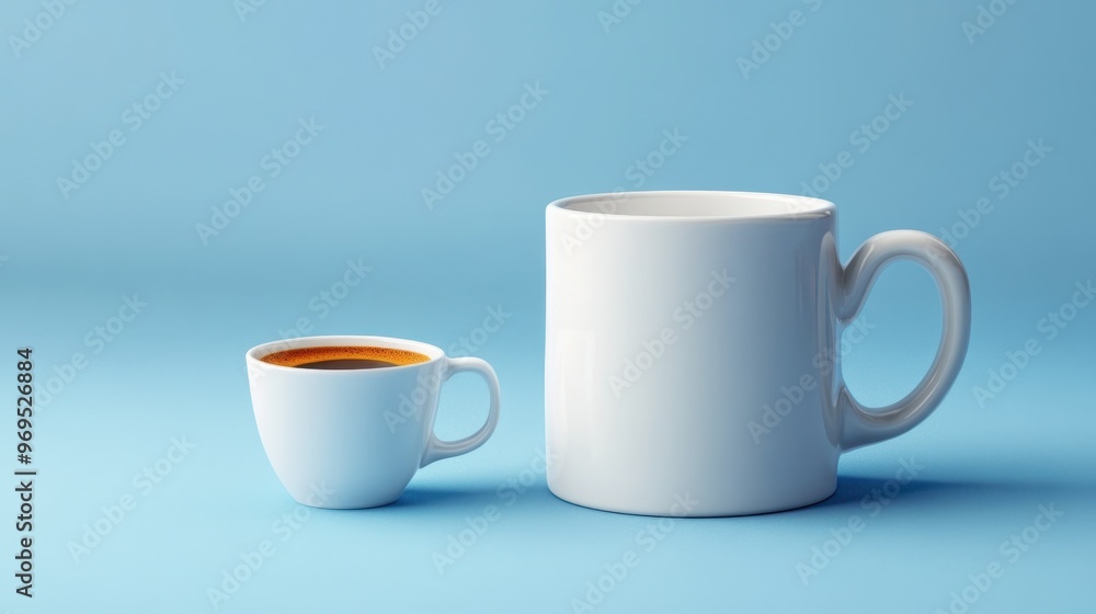 A ridiculously small cup of espresso placed next to a giant mug, highlighting the size difference humorously. A ridiculously small cup of espresso placed next to a giant mug, highlighting the size difference humorously.