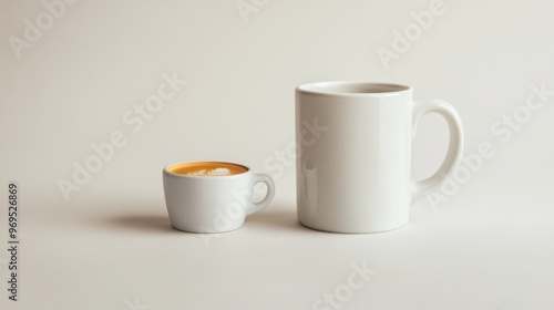 A ridiculously small cup of espresso placed next to a giant mug, highlighting the size difference humorously. photo