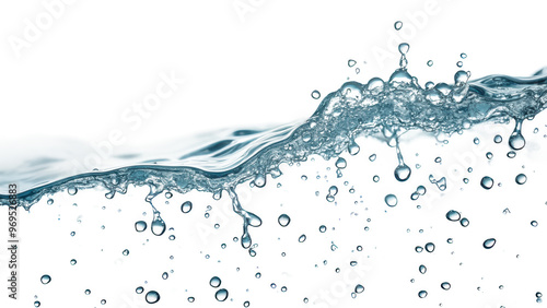 Water in Motion: High-Speed Capture of water Splash and Droplets on Clear Background.