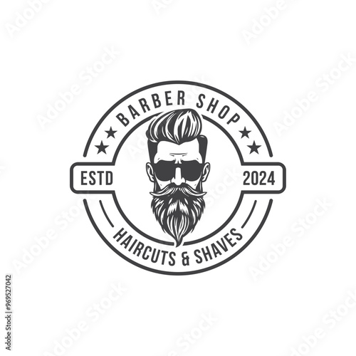 Barber shop logo template. Handsome man with beard and mustache. Scissors. Barber shop symbol. line art editable vector.