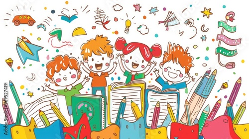 Joyful children celebrate learning with colorful books and art supplies in a vibrant, creative environment.