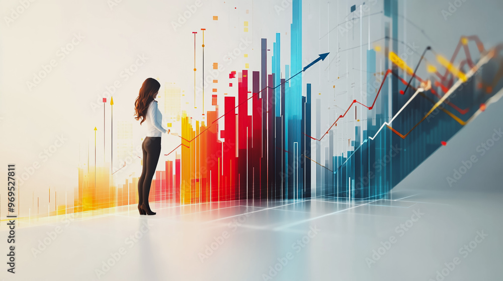 Abstract business woman stands on the peak of success amid tall, innovative Smart city and graphs with statistics to analyze business potential and predict future developments in company growth. Abstract business woman stands on the peak of success amid tall, innovative Smart city and graphs with statistics to analyze business potential and predict future developments in company growth.