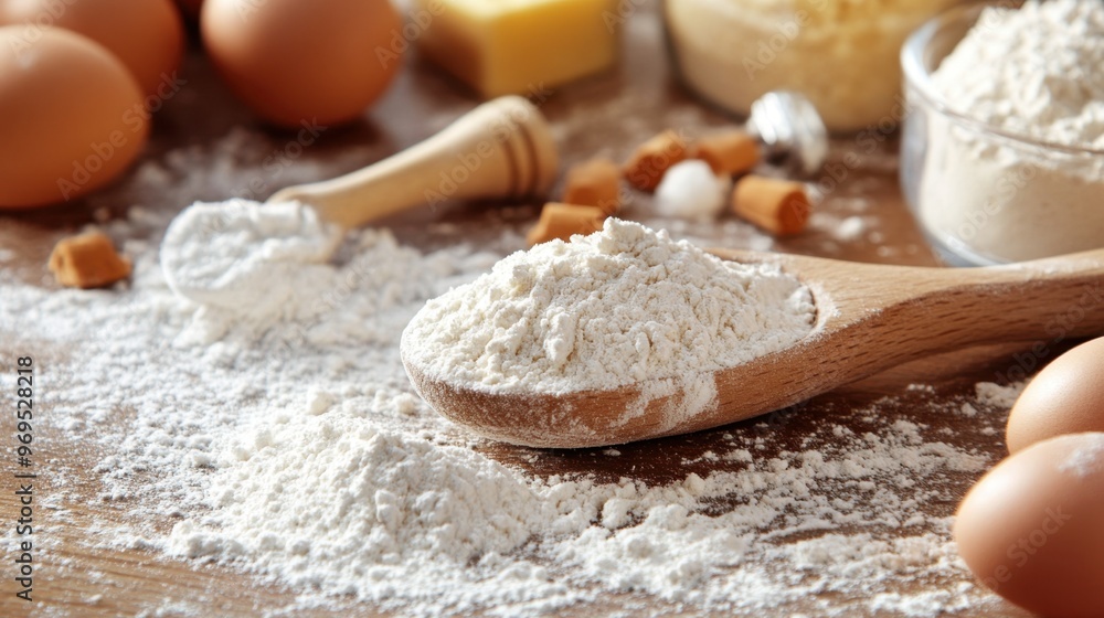 A rustic wooden spoon resting on a flour-dusted countertop, surrounded by baking ingredients. A rustic wooden spoon resting on a flour-dusted countertop, surrounded by baking ingredients.