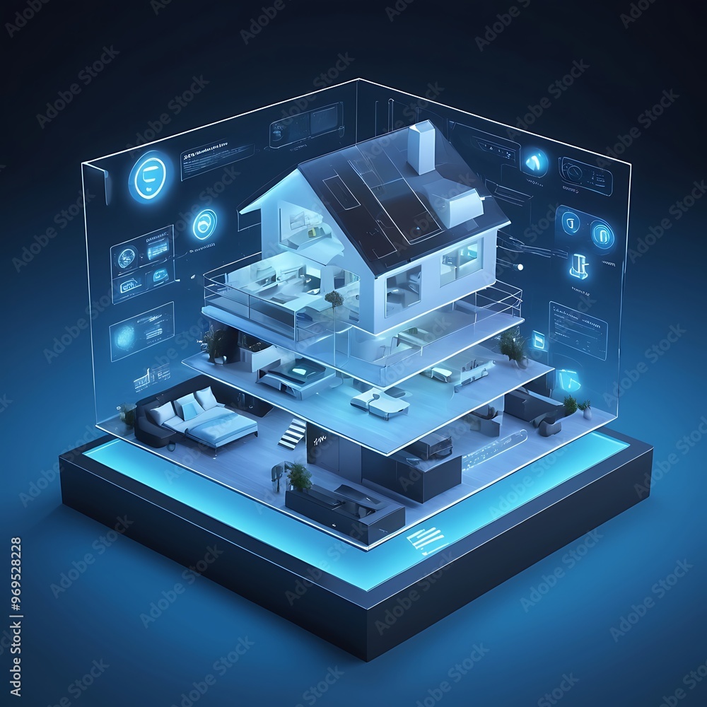 Holographic 3D Smart House on Blue Background Holographic 3D Smart House on Blue Background