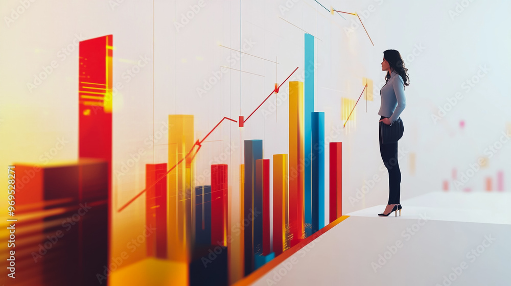 Abstract business woman stands on the peak of success amid tall, innovative Smart city and graphs with statistics to analyze business potential and predict future developments in company growth. Abstract business woman stands on the peak of success amid tall, innovative Smart city and graphs with statistics to analyze business potential and predict future developments in company growth.