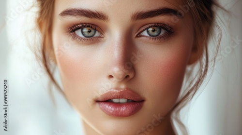 Detailed shot of a woman with a confident expression and clear skin, highlighting her striking facial features and sophisticated look.