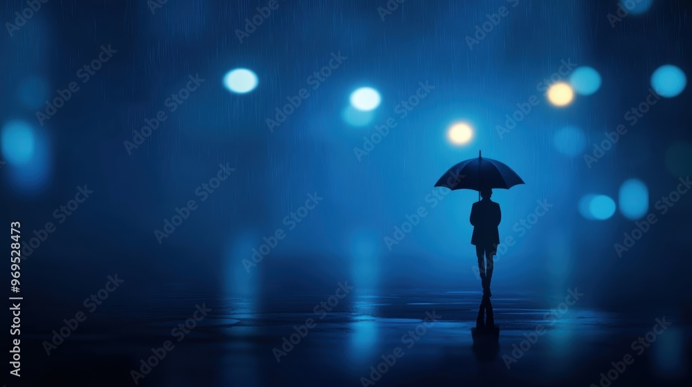 A solitary figure stands with an umbrella in a misty, blue-lit urban environment, creating an atmospheric and moody scene. A solitary figure stands with an umbrella in a misty, blue-lit urban environment, creating an atmospheric and moody scene.