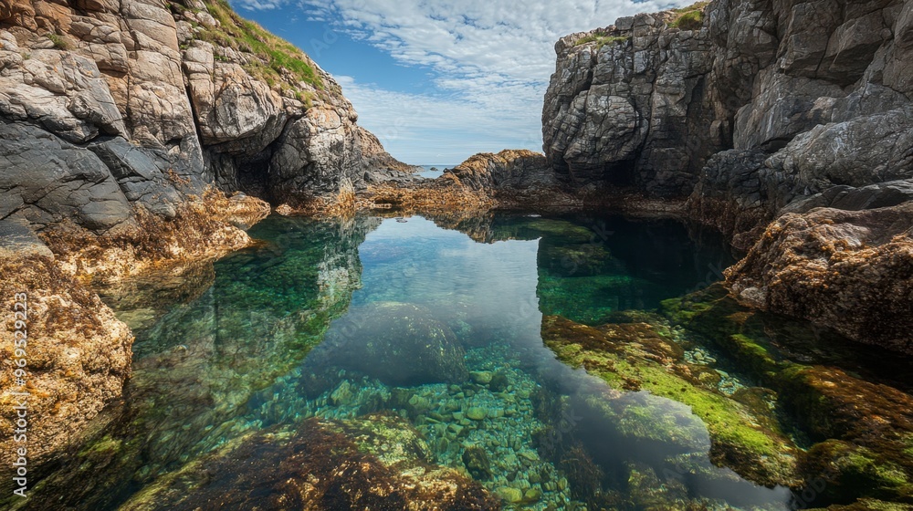 A serene coastal rock pool with clear water and marine life, surrounded by rugged rock formations and seaweed. A serene coastal rock pool with clear water and marine life, surrounded by rugged rock formations and seaweed.