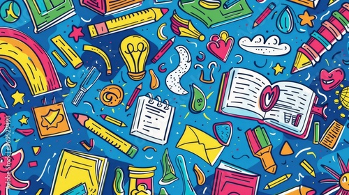 Vibrant pattern of colorful school supplies, books, and creative elements on a bright blue background, perfect for education themes.
