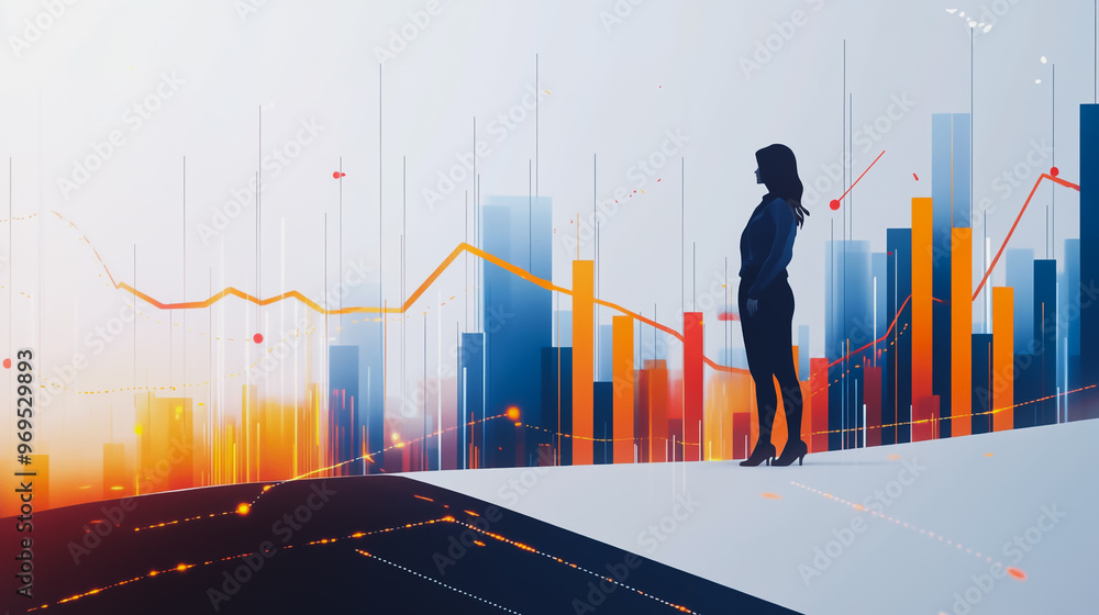 Abstract business woman stands on the peak of success amid tall, innovative Smart city and graphs with statistics to analyze business potential and predict future developments in company growth. Abstract business woman stands on the peak of success amid tall, innovative Smart city and graphs with statistics to analyze business potential and predict future developments in company growth.