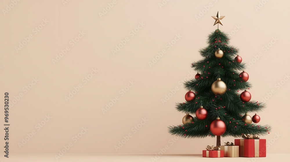 Christmas tree, decorated with ornaments and lights, 3D illustration, copy space for text, Christmas tree, decorated with ornaments and lights, 3D illustration, copy space for text,