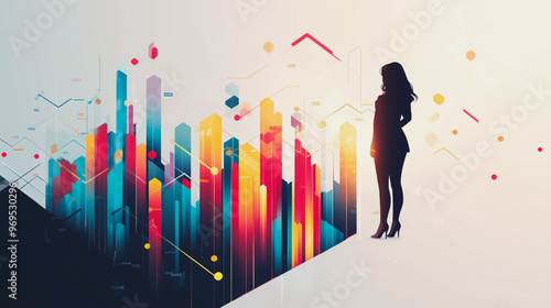 Abstract business woman stands on the peak of success amid tall, innovative Smart city and graphs with statistics to analyze business potential and predict future developments in company growth.