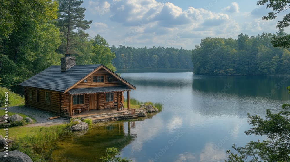 Obraz premium Serene lakeside cabin surrounded by lush greenery and calm waters.