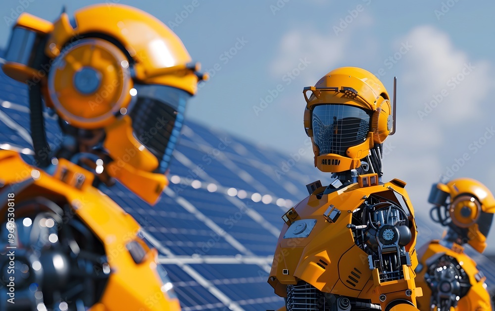 Futuristic robots in orange design monitor solar panels, showcasing the collaboration of technology and renewable energy. Futuristic robots in orange design monitor solar panels, showcasing the collaboration of technology and renewable energy.