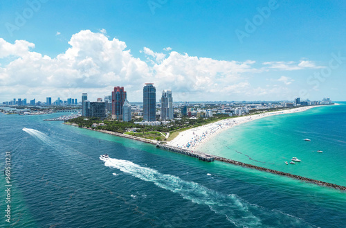 Skyline of Miami Beach from top. Summer in Miami. Miami beach coastline. Panoramic view of Luxury condos in Miami Beach Florida. Aerial View of Surfside Miami Beach. photo