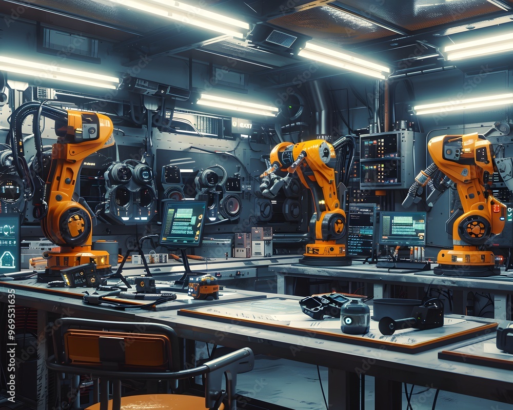 Futuristic workspace showcasing robotic arms in action, highlighting innovation in technology and automation. Futuristic workspace showcasing robotic arms in action, highlighting innovation in technology and automation.