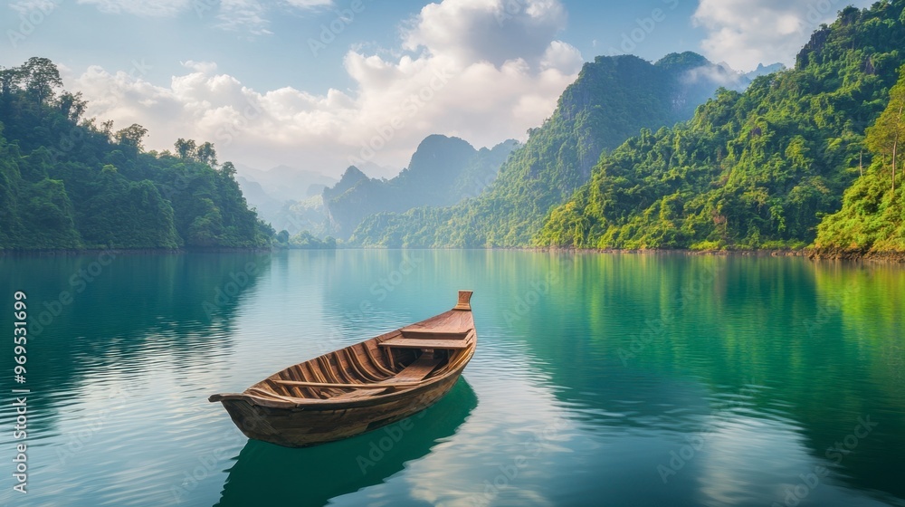 A small wooden boat floating on a serene lagoon, surrounded by green hills and vibrant flora. A small wooden boat floating on a serene lagoon, surrounded by green hills and vibrant flora.