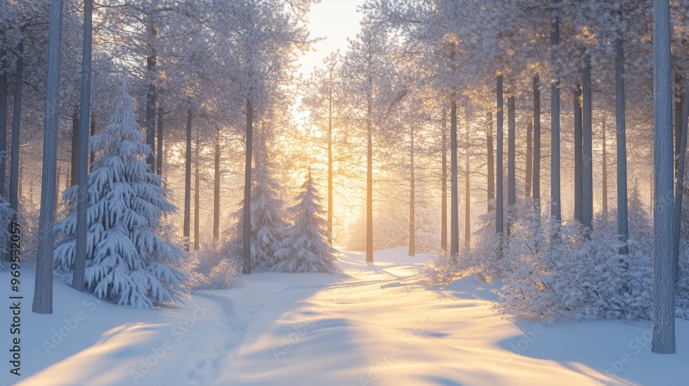 A snow-covered pine forest at dawn, with soft sunlight filtering through the trees and sparkling on the fresh snow. A snow-covered pine forest at dawn, with soft sunlight filtering through the trees and sparkling on the fresh snow.