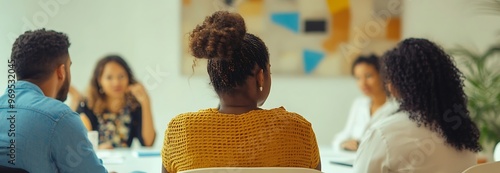 A diverse team engaged in a conversation about a document.