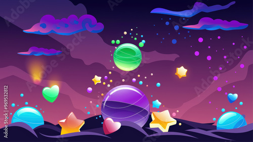 An illustration of a fantasy scene with floating particles. There are glowing green, purple, blue, and yellow particles floating in the air. The particles are of various shapes, including spheres