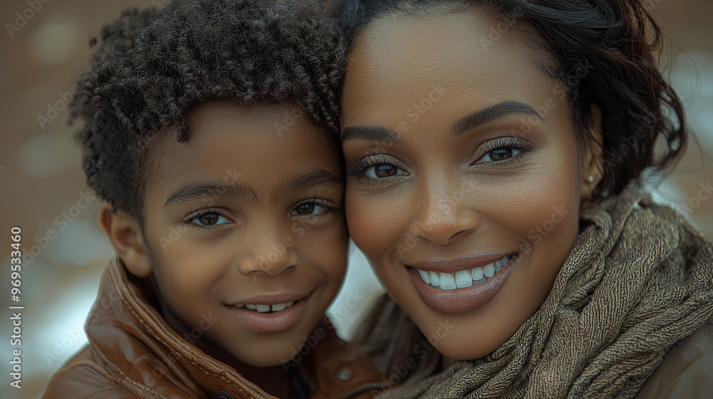 Close up portrait of a mother and son smiling. Close up portrait of a mother and son smiling.