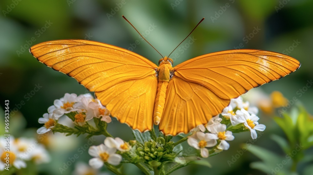 A striking orange butterfly perched on a flower, with its delicate wings spread out and detailed patterns visible. A striking orange butterfly perched on a flower, with its delicate wings spread out and detailed patterns visible.