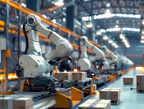 Modern industrial robots efficiently sorting packages in a factory setting, showcasing automation technology in a bustling warehouse.