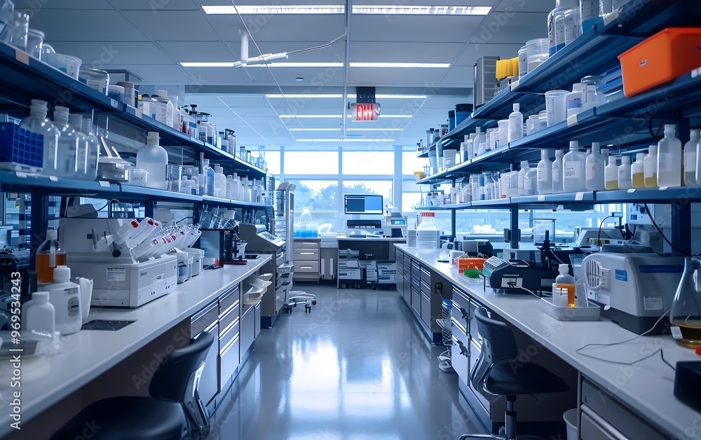 Obraz premium Modern laboratory workspace featuring organized shelves and scientific equipment under bright natural lighting.
