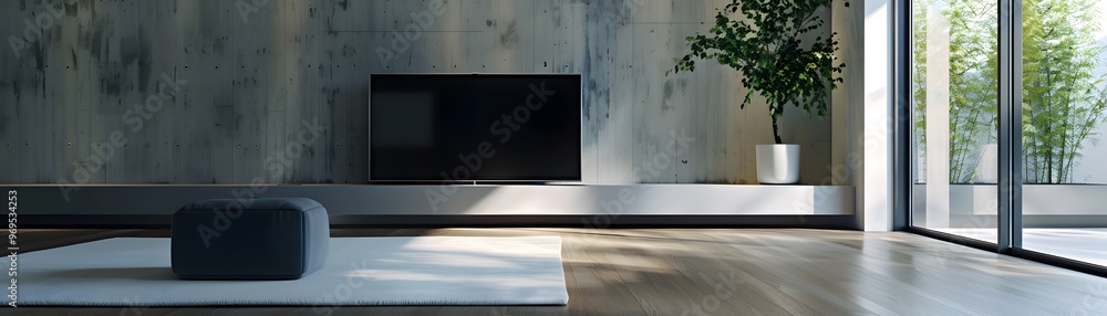 Fototapeta premium Modern living room featuring a sleek design with natural light, minimalist furniture, and greenery, creating a serene atmosphere.